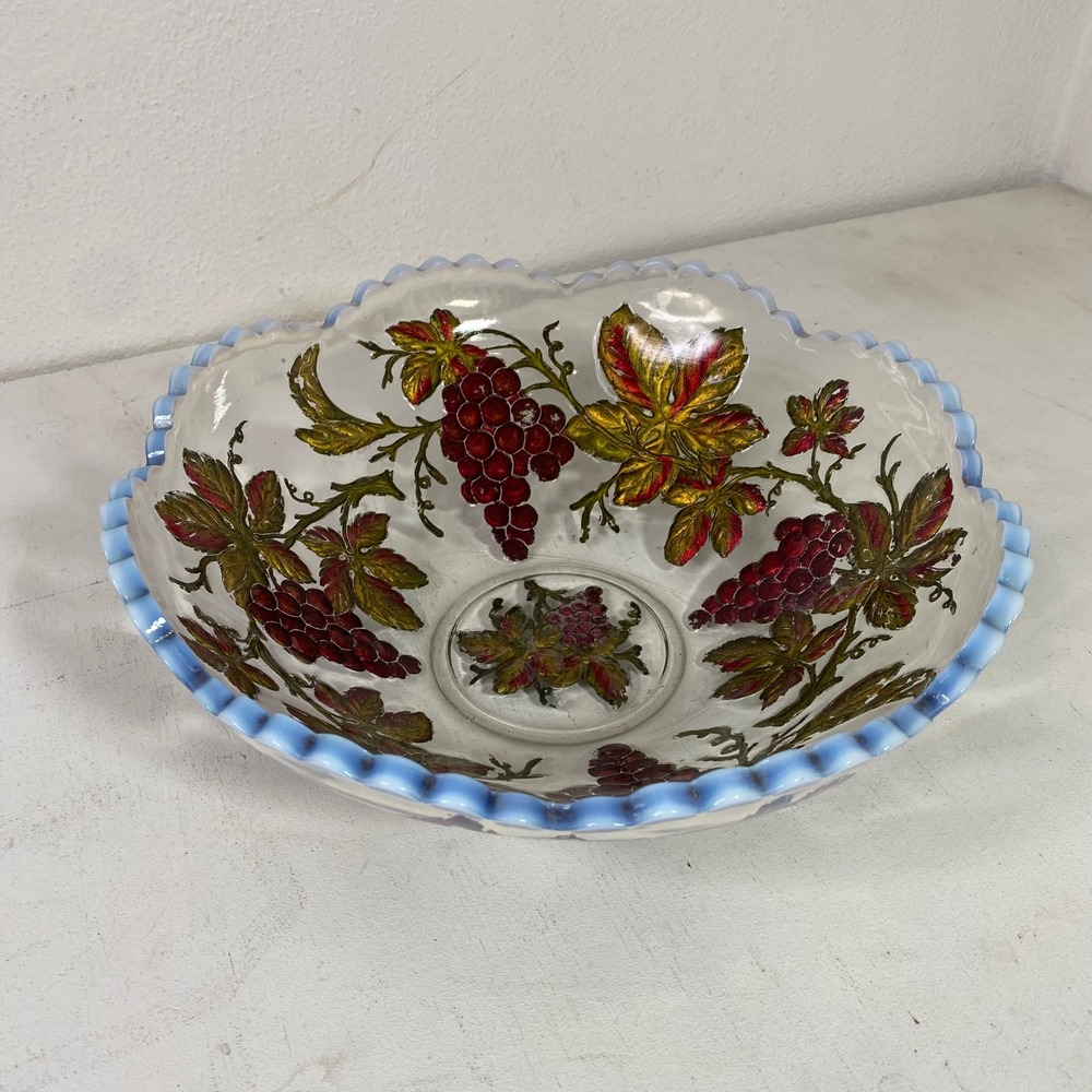 Vintage Dugan Goofus Painted Grape Glass Bowl Milk Glass Scalloped Edge 11"